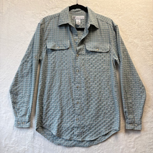 Vtg LL Bean Traveler Mens Shirt Small Blue Plaid Button Up Long Sleeve Casual - Picture 1 of 14